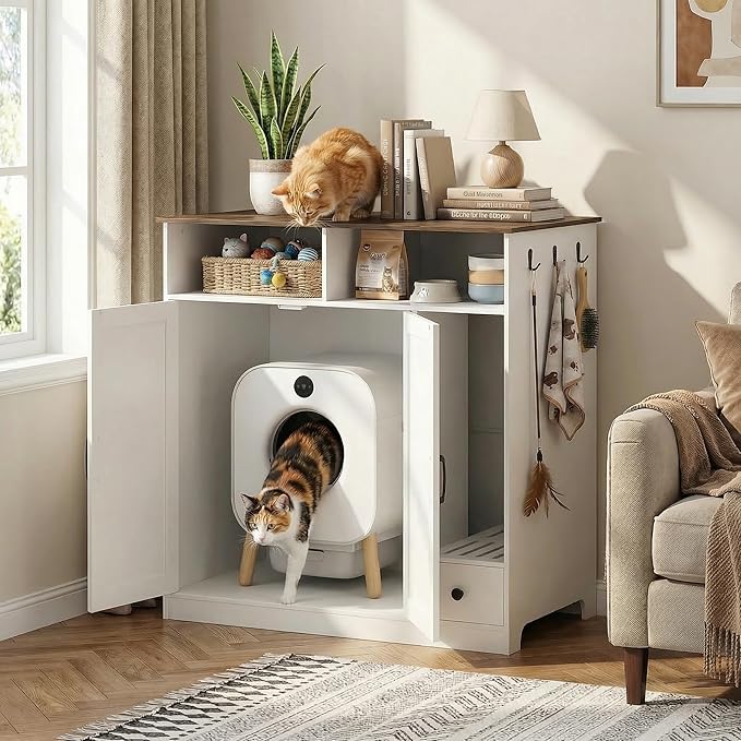 YUSING Large/Tall Cat Litter Enclosure, Litter Box Furniture Hidden, Cat Litter Box Enclosure Cabinet Large with Storage and Pull-Out Drawer for Self-Cleaning Litter Boxes