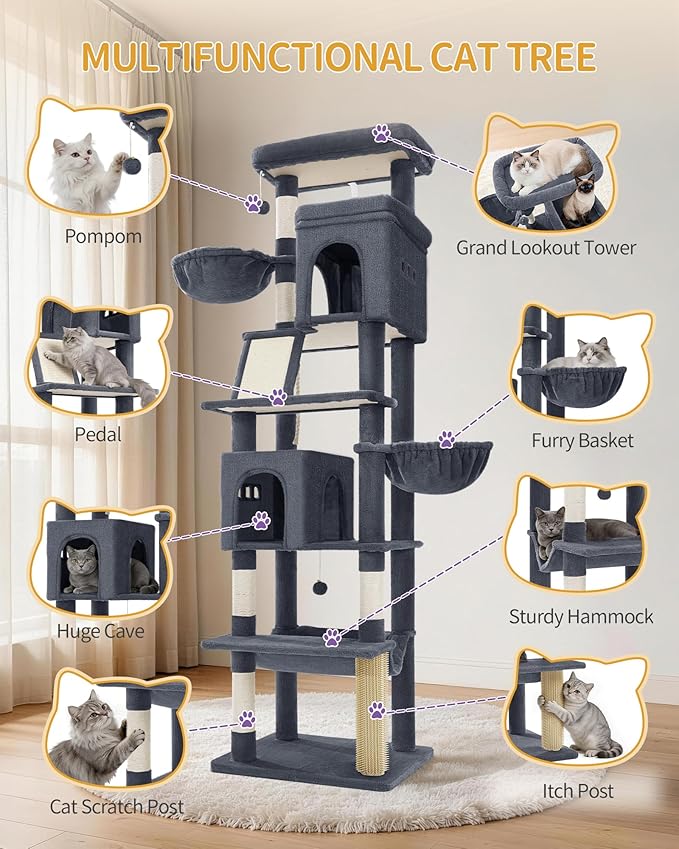 Hzuaneri Large Sturdy Cat Tree Tower, 75 Inch Tall Pet Condo for 7 Large Cats, Cat Tree Indoor Climbing Activity Tower, 2 Large Platform/2 Cave/2 Hanging Basket/5 Scratching Post, Dark Grey MS19018SG