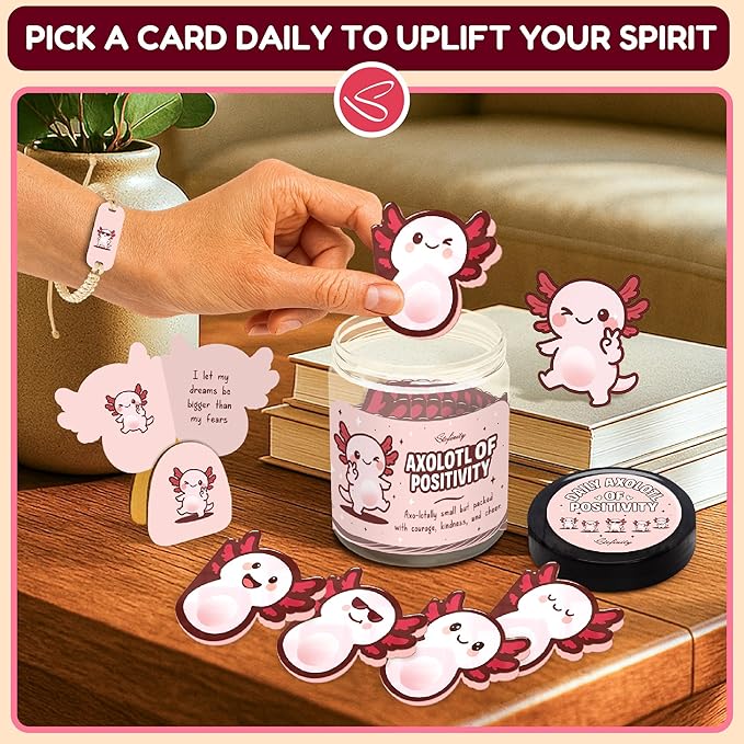 Stofinity Positive Axolotl Gifts For Girls - Fun Back To School Gifts For Kids Teens, Cute Secret Santa Gift For Women Friend, Tiny Axolotl Card For Birthday, Christmas, Valentine, Easter