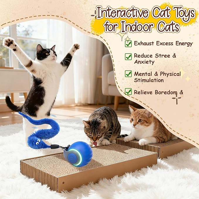 1PCS Interactive Cat Toys Ball,Newly Upgraded Speedy Tail Cat Toy with USB Charging,Automatic Smart Interactive Cat Toys for Indoor Cats with 4 Tails-Blue
