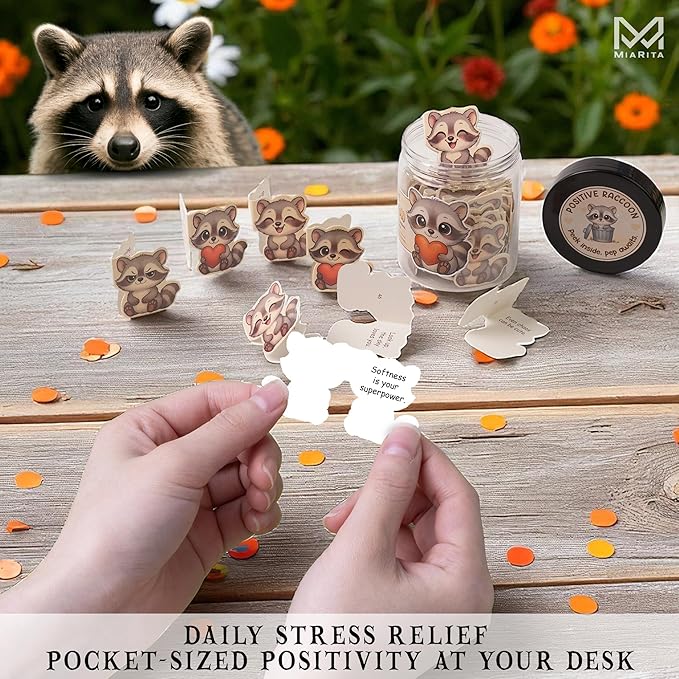 Miarita Positive Raccoon Jar – 60 Positive Affirmation Cards for Women, Mindfulness Cards, Stress Relief & Self Care Gifts for Women, Teen Girl, Birthday Gift for Her, Friendship Gift, Raccoon Gifts