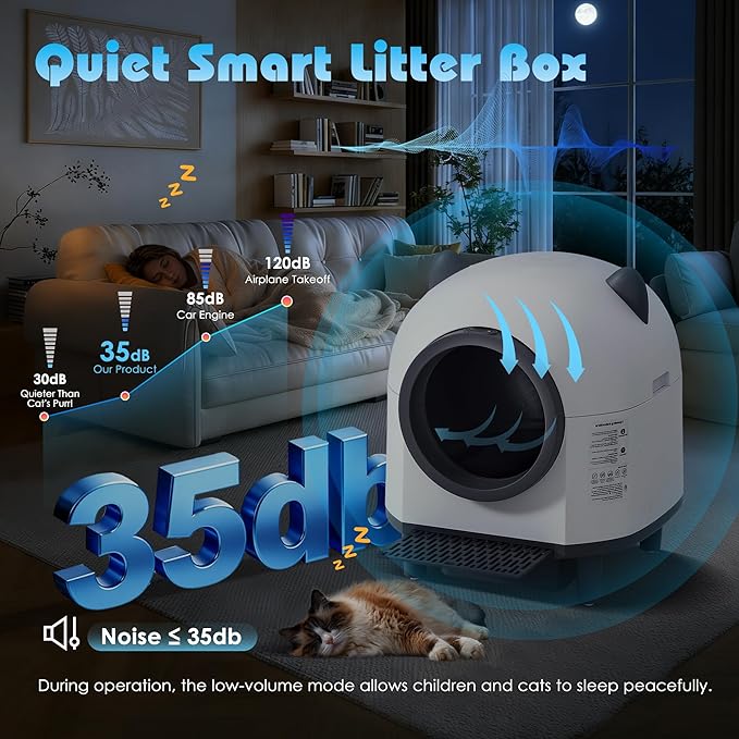 Automatic Cat Litter Box, Self Cleaning Litter Box with APP Control for Multiple Cats, Large Robot Kitty Litter Box with Safety Sensors, Odor Removal, 2 Roll Garbage Bags, 90L Cat Ears Design