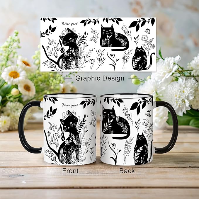 Black Cat Mug 11 Oz Mothers Day, Birthday Gifts for Women, Black and White Boho Cats Coffee Mug,Birthday Gifts for Cats Lovers Women,Friends,Mom,Grandma Ceramic Cup Microwave & Dishwasher Safe