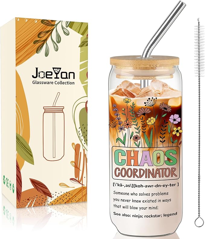 Joeyan Glass Cup with Lid and Straw - 20oz Iced Coffee Cup, Chaos Coordinator & Boho Floral Glass Tumbler, Aesthetic Drinking Glasses for Smoothie Boba Tea, Gift for Mom, Boss, Teacher, Coworker