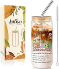 Joeyan Glass Cup with Lid and Straw - 20oz Iced Coffee Cup, Chaos Coordinator & Boho Floral Glass Tumbler, Aesthetic Drinking Glasses for Smoothie Boba Tea, Gift for Mom, Boss, Teacher, Coworker