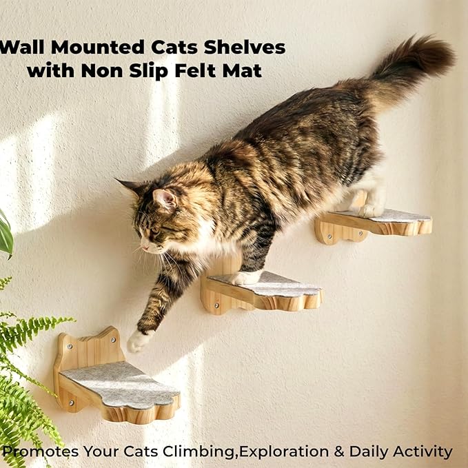Tlence 3 Pack Cat Wall Shelves for Cats Steps, Wall Mounted Floating Cat Furniture with Non-Slip Felt, Cats Climbing Wall Stairs Perch for Jumping, Playing and Lounging, Holds up to 30lbs