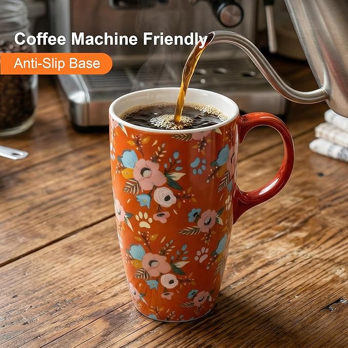 Topadorn 17oz Ceramic Travel Coffee Mug with Sealed Lid Tea Cup with Color Box, Microwave & Dishwasher Safe, Unique Coffee Mug for Latte & Hot Chocolate, Holiday Office Gift Her Him, Orange