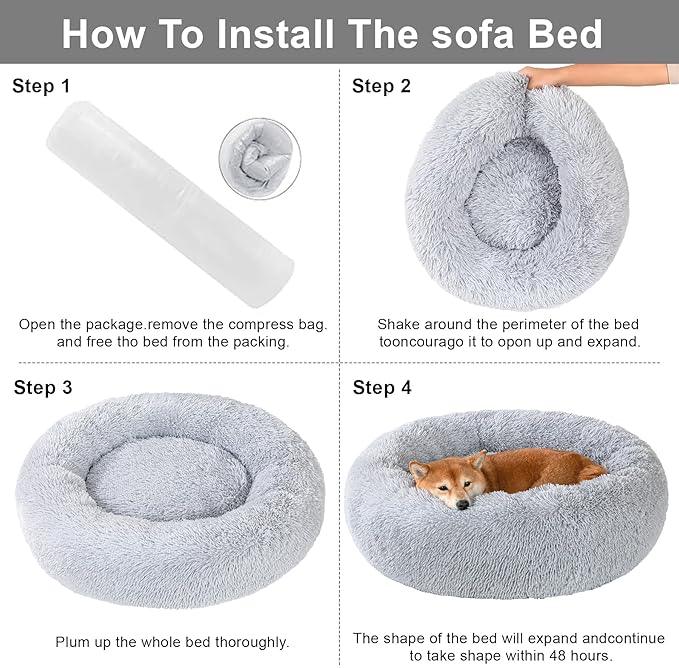 Dog Calming Beds for Small Medium Dogs - Round Donut Washable Dog Bed, Anti-Slip Faux Fur Fluffy Donut Cuddler Anxiety Cat Bed(16" Light Grey)