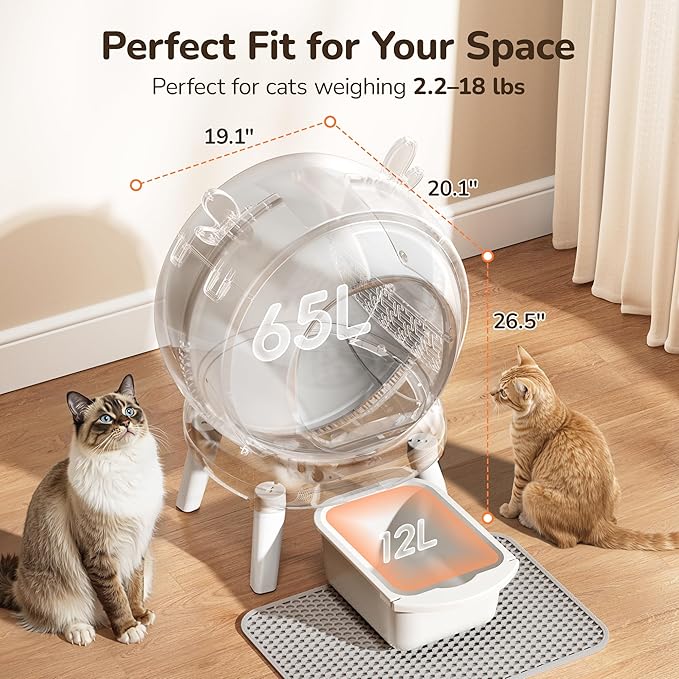 Automatic Self Cleaning Litter Box, Cat Litter Box with APP Control, 65L Globe & Dual Safety Sensors, Robot Litter Box, 1 Roll Garbage Bags and Litter Mat, <35DB, White