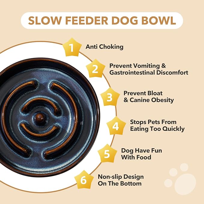 Ceramic 3.2 Cup Dog Bowl Slow Feeder for Large Dog, 9.5inch Pet Slow Dish, Stop Bloat, Preventing Choking(Single Bowl, Starry Sky)