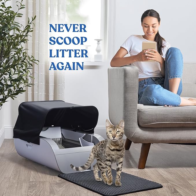 Self-Cleaning Cat Litter Box,Automatic Litter Box Self Cleaning with App & WiFi Control,Works with Clumping Litter, Anti Pinch and Odorless,Open Design for Single/Multiple Cats (Black with Tent)