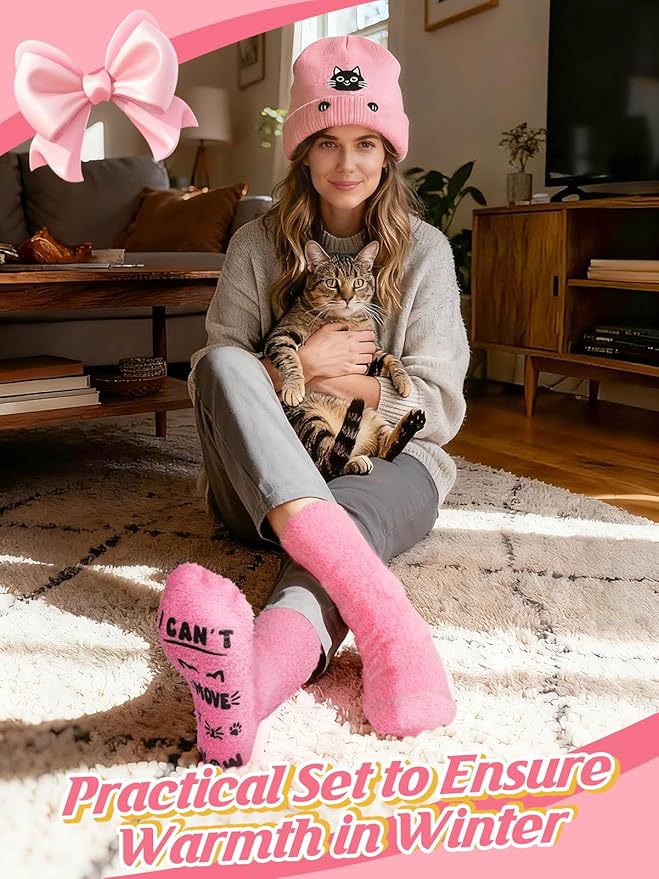 Cat Beanie and Funny Socks for Women - Cute Warm Gifts for Cat Lovers