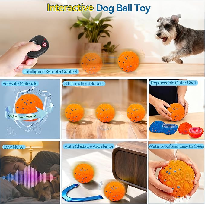 Newget Interactive Dog Toy Ball with Remote, 3 Modes Smart Moving Dog Balls with Touch Wake-Up, Automatic Bouncing/Rolling Chew-Resistant Ball for Medium & Large Dogs to Keep Busy, Indoor/Outdoor