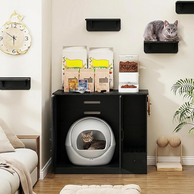 Large/Tall Cat Litter Box Enclosure Furniture, Hidden Self-Cleaning Litter Cabinet with Pull-Out Litter Drawer (Black)