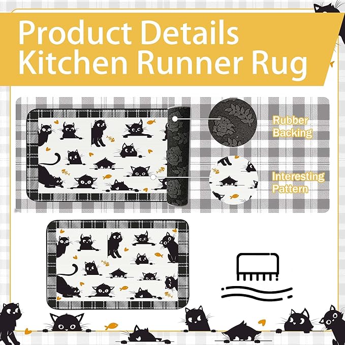 10 Pcs Black Cat Themed Kitchen Decor and Accessories - Sets 4 Kitchen Towels 2 Pot Holders 2 Oven Mitts 2 Rugs for Bathroom Cute Kitty Cooking Farmhome Housewarm Kitten Checkered Baking Gifts