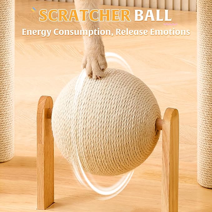 HITTITE Solid Wood Cat Tree Tower with Scratching Post, 53 Inches Tall Cat Towers with Scratching Board and Scratcher Ball, Modern Cat Tower with Space Capsule and Removable Top Bed for Indoor Cats