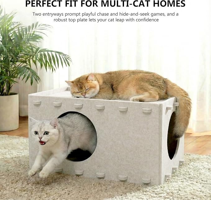 Cat House for Indoor Cats, Scratch Resistance Cat Cave Bed, Felt Peekaboo Cat Hideaway for Large & Multiple Cats Up to 22Lbs, Cream