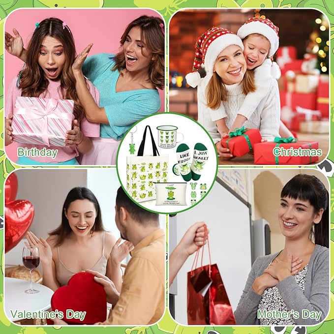 Frog Lover Gifts for Women Birthday Gifts Baskets Set Include Canvas Tote Bag, Makeup Bag, Socks, Keychain, Enamel Mug, Small Figurines for Mom, Wife, Sister, Friend