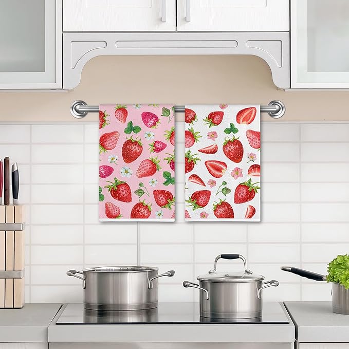 Hexagram Strawberry Kitchen Towels Set of 2, Strawberry Decor Gifts for Women, Funny Cute Housewarming Dish Hand Towels for Home Kitchen Decor