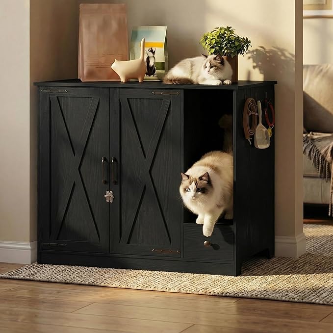 Large/Tall Cat Litter Box Enclosure Furniture, Hidden Self-Cleaning Litter Cabinet with Pull-Out Litter Drawer (Black)