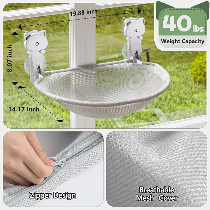 JUNSPOW Cat Window Perch Cordless, Glow in The Dark & Stable Cat Beds- Breathable Window Hammock for Overlooking, Sunbathing and Climbing - Maximum Hold Up to 40lb(Light Grey)