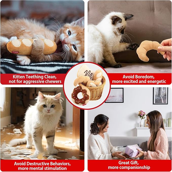 Gigwi Catnip Toys for Cats, Interactive Plush Kicker Toys Set Bread Design, Crinkle Pet Toys for Enrichment with Refillable Catnip, Safe Material Kitten Teething Toys for Chewing, 6 Pack