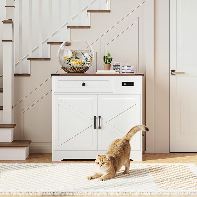 LIKIMIO 31.5" Smart Cat Litter Box Enclosure with LED Odor Control, Farmhouse Hidden Cat Litter Box Furniture with Hinged Entrance and Drawer, Litter Box Cabinet for Living Room, White