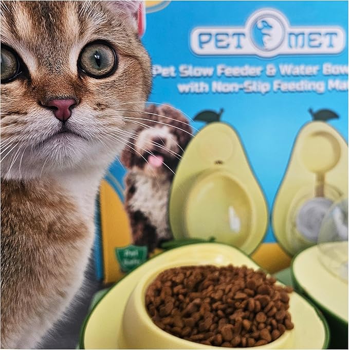 Cat Food and Water Bowl – Avocado Cat Bowl with Water Dispenser Pet Bowl& Small Dogs, Non-Spill, Anti-Choke, Eco-Friendly Dog Feeding Bowl Water Fountain 3-in-1 (Gray&White)