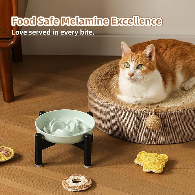 Elevated Slow Feeder Cat Bowl - Melamine Cat Food Plate with Anti-Slip Metal Stand - Raised Maze Dish for Slow Eating - Mint Green