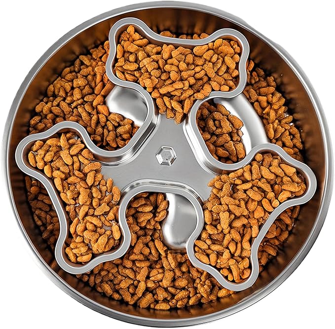 Stainless Steel Rotating Bone-Shaped Slow Food Bowl, 304 Grade Anti-Spill Pet Feeder for Dogs and Cats