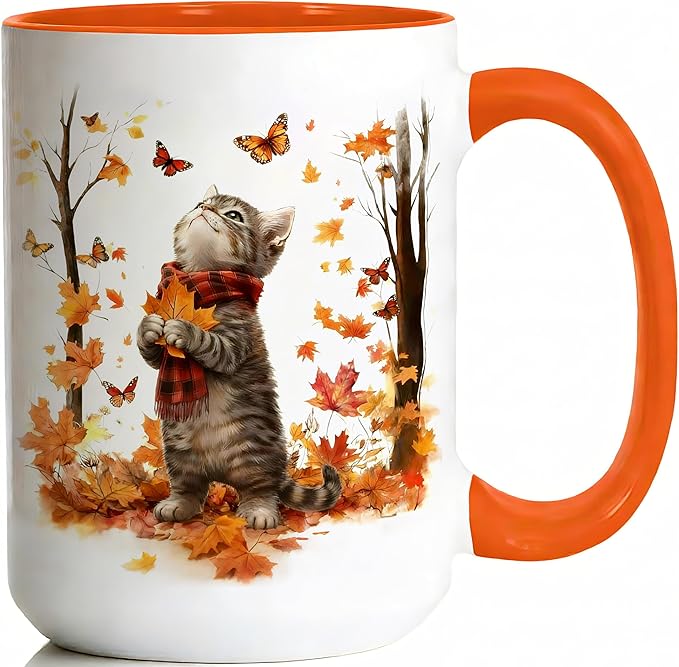 Cute Cat Coffee Mug for Cat Lovers, Fall Maple Leaf Kitten Mug, 15oz White Large Ceramic Tea Cup with Orange Handle, Ideal for Hot & Cold Drinks, Fun Novelty Gift for Women and Coworkers