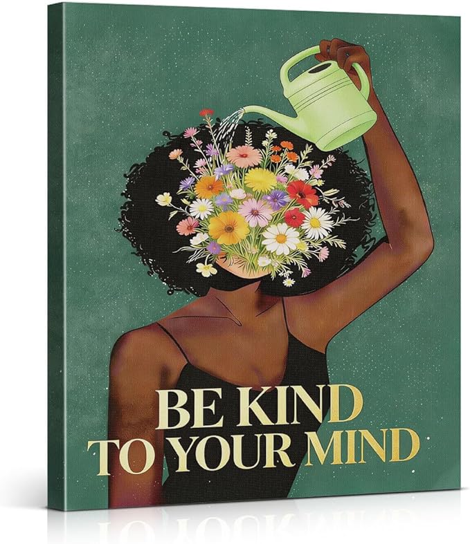 Vintage Floral Woman Canvas Wall Art Positive Be Kind to Your Mind Print Painting Inspirational Wall Decor for Home Living Room Bedroom 8x10 Inches Framed