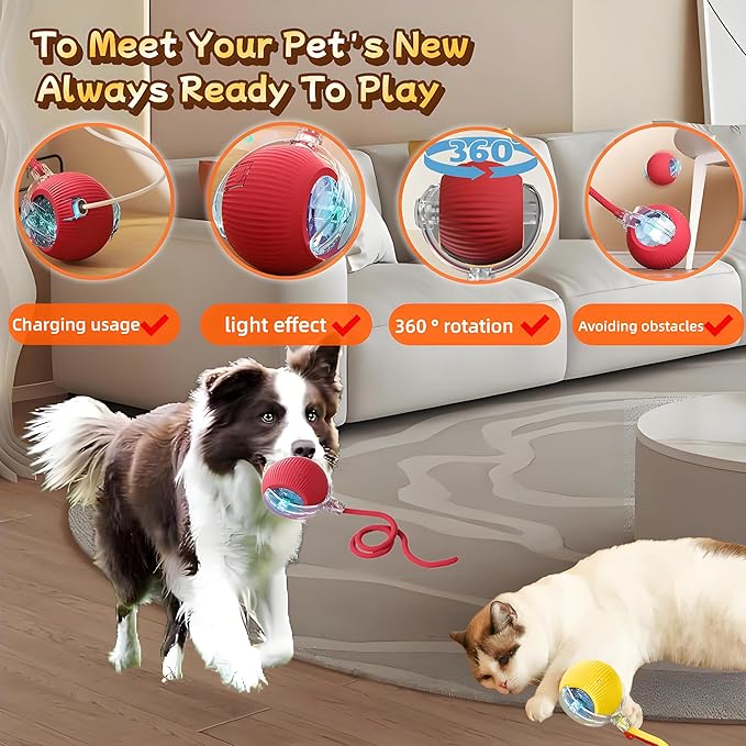 2025 New Speedy Tail 2.0 cat Toy，360° Automatic Smart Pet Toy Self Rolling Balls for Bored Indoor Cats，Speedy Interactive Cat Toy (Red)