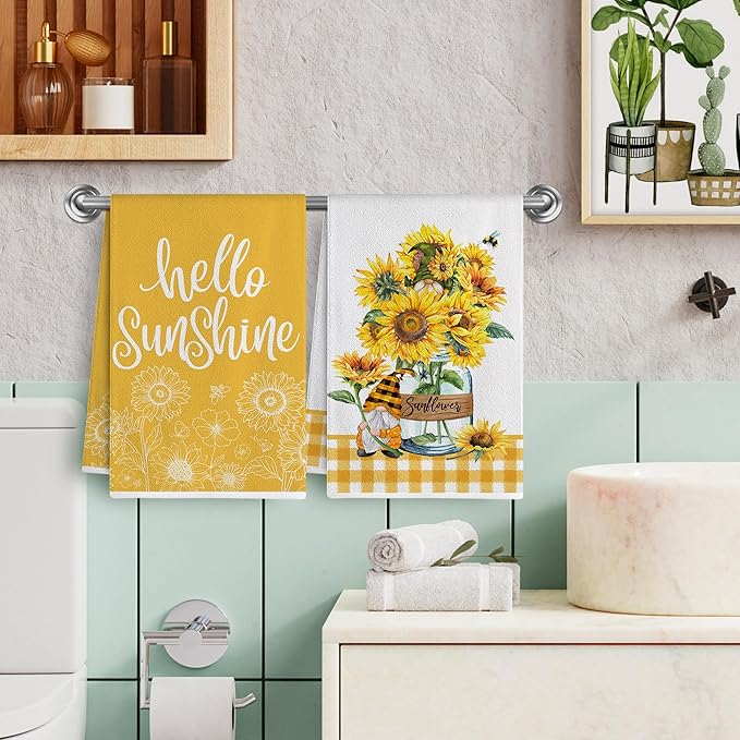 Hexagram Sunflower Kitchen Towels Set of 2, Sunflower Decor Gifts for Women, Funny Cute Housewarming Dish Hand Towels for Home Kitchen Decor