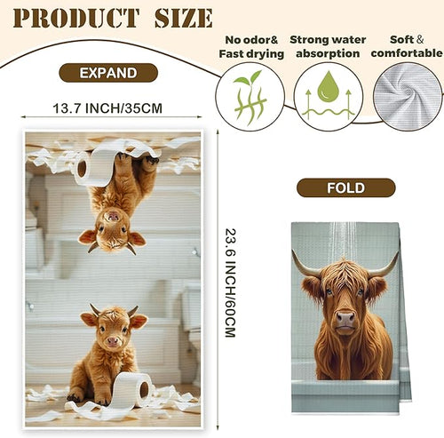 Bath Towels Set of 2, Cute Highland Cattle Dish Towel for Bathroom Spa Washroom, Western Cow Fast Drying Decorative Hand Towels, Farmhouse Housewarming Xmas Gifts for Women Mom -B21