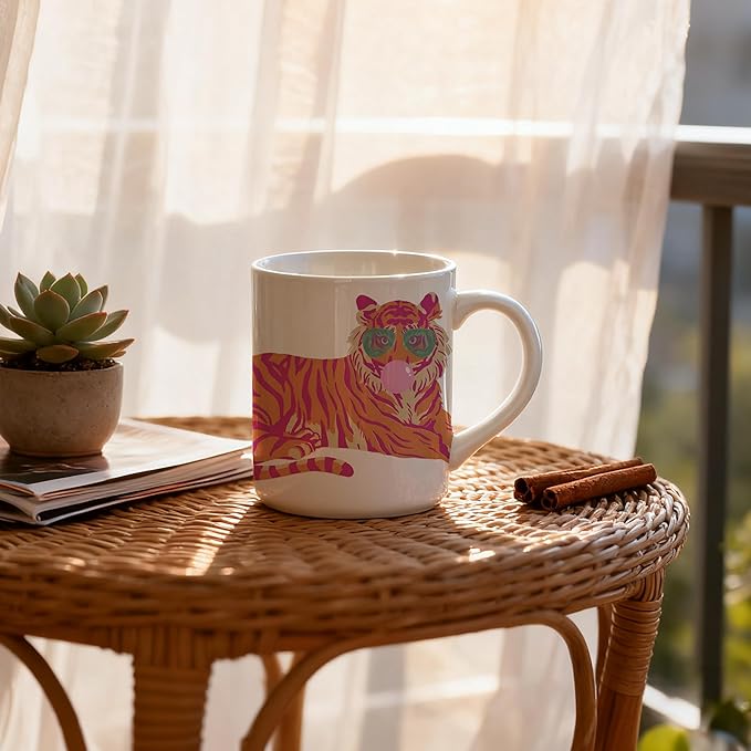 Pink and Orange Funny Tiger Mug, Gifts for Tiger Lovers Coffee Cup, Animal Lover Gifts for Women, Preppy Trendy Tigers Ceramic Coffee Mug 11 oz