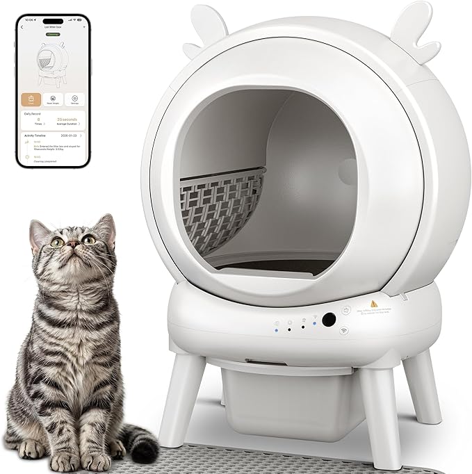 Automatic Self Cleaning Litter Box, Cat Litter Box with APP Control, 65L Globe & Dual Safety Sensors, Robot Litter Box, 1 Roll Garbage Bags and Litter Mat, <35DB, White