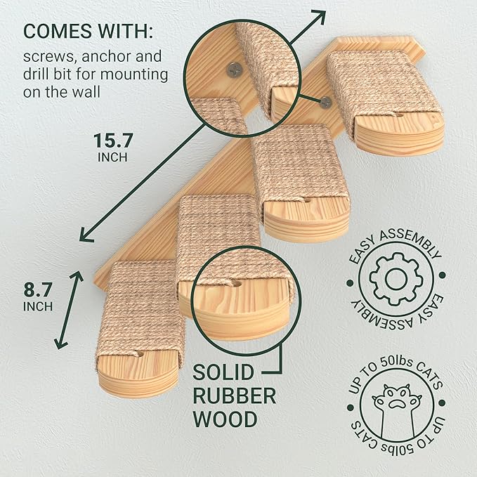 Skywin Cat Steps - Solid Rubber Wood Cat Wall Stairs Great for Scratching and Climbing - Easy to Install Wall Mounted Shelves for Playful Cats (Wood, Left-Right)