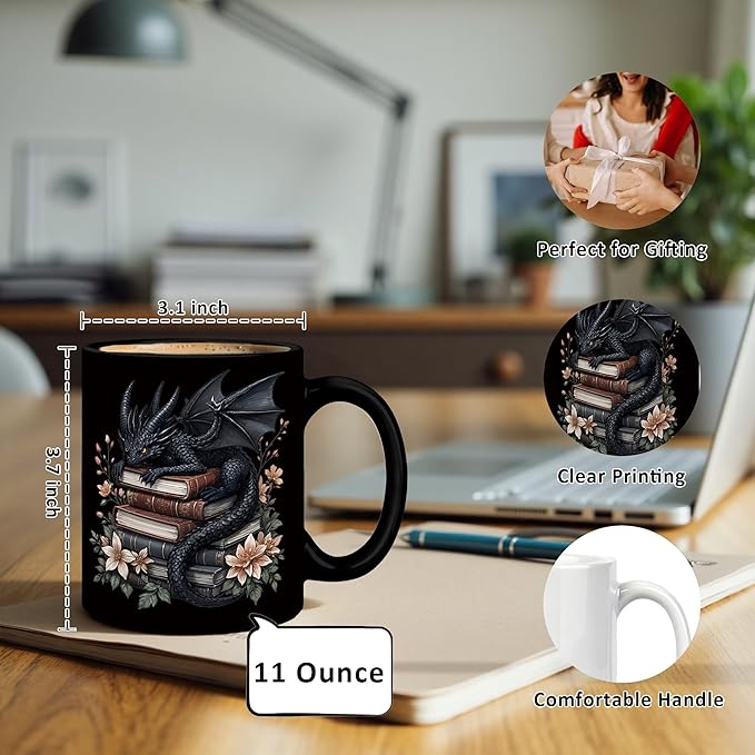 Black Book Lover Mug 11 oz, Book Lover Gifts for Women, Bookish Reader Bookworm Gifts Coffee Cups Ceramic, Black Floral Dragon Ceramic Mug for Coffee Tea Hot Cocoa Home Office Work