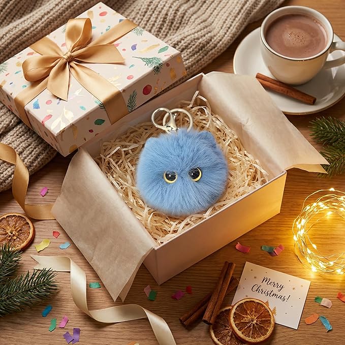 Cute Blue Cat Plush Keychain - Kawaii Ocean Cat Pom Pom Bag Charm, Cool Keychain for Backpack Purse, Gift for Boys Girls Women