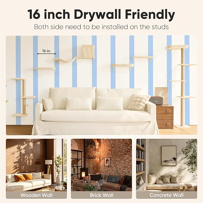 FUKUMARU Cat Wall Shelves, Stable & Safe 4 in 1 Cat Walls Furniture Set, Wooden Kitten Climbing Wall with Scratching Post for 16 Inch Drywall - Beige