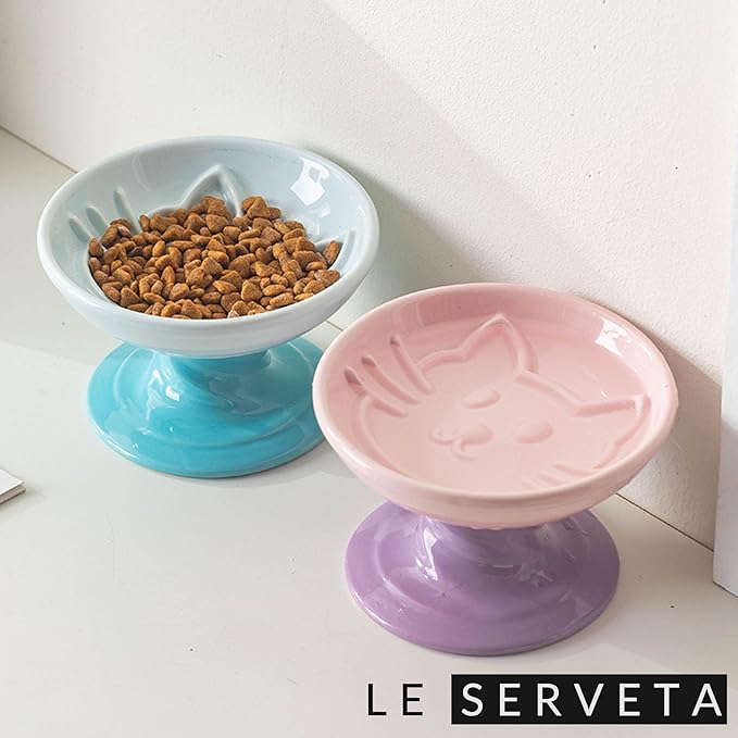 Elevated Twisting Design Cat Food Slow Feeder, Ceramic Raised Cat Dishes with Decorative Twisting Design Stand, Macaron Colors, Slow Feed Design (Pink Purple)