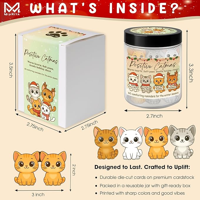 Positive Catmas Jar – 60 Affirmation Cards for Anxiety & Self Care, Gifts for People Who Love Cats, Cat Gifts for Women, Teens, Friends, Sisters, Emotional Support Cats, Christmas Gift Ideas Stocking Stuffers