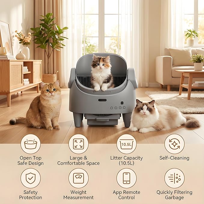 Self Cleaning Litter Box, Open Top Automatic Cat Litter Box with App Control for Multiple Cats, Electric Cat Litters Box Adjustable Entrance Height, Multi-Sensor Safety Protection, 1 Roll Garbage Bags