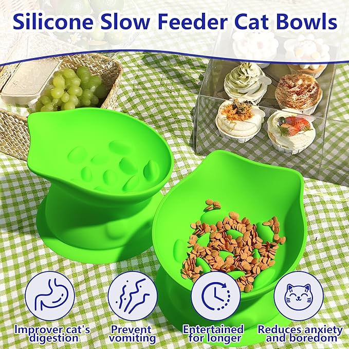 Slow Feed Cat Bowl, Elevated Cat Food Dish with Tilted Design, Dual-Use for Dry and Wet Food, Anti-Vomit, Anti-Choking, Easy to Clean