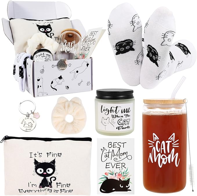 LiYiQ Cat Lover Gifts for Women - Cat Mom Gifts, Crazy Cat Lady Essentials: Makeup Bag, Socks, Scrunchies, Greeting Cards - Perfect for Birthdays & Mother's Day