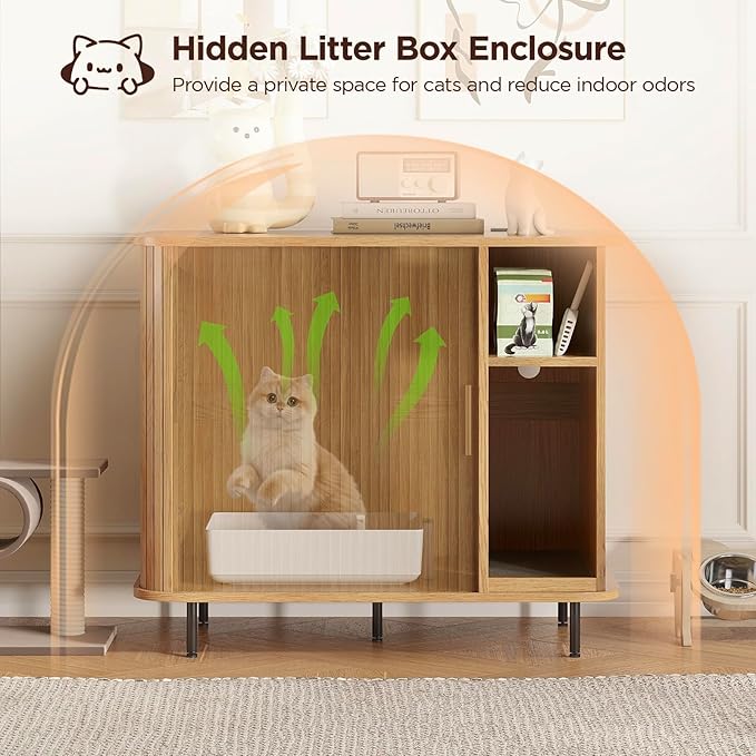 Large Litter Box Enclosure with Charging Station for Automatic Litter Box & Cat Robot 3/4, Hidden Litter Box Furniture with Dog-Proof Shelf, Scratch Pad, Wooden Cat Box Enclosure, Natural