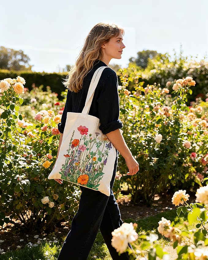 DYALE Canvas Tote Bag Double-Sided Prints with Snap Closure, Cute Tote Bag with Pocket for Shopping, Library, Work, Travel