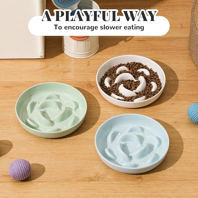 Melamine Cat Slow Feeder Bowl - Pastel Series Cat Plate for Dry and Wet Food - Cute Maze Feeder Dish for Healthy Eating - Dishwasher Safe - 6.3''W x 1.2''H - 7 OZ - Mint Green