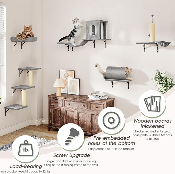 Cat Wall Shelves, 7-in-1 Wall Mounted Cat Climber Set, Indoor Cat Furniture – Includes House, Tunnel, Bridge, Steps, Scratcher, Hammock, Shelves, Gray